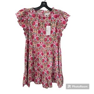 Caroline Constas Strawberry Print Floral Dress Size L Summer Ruffle